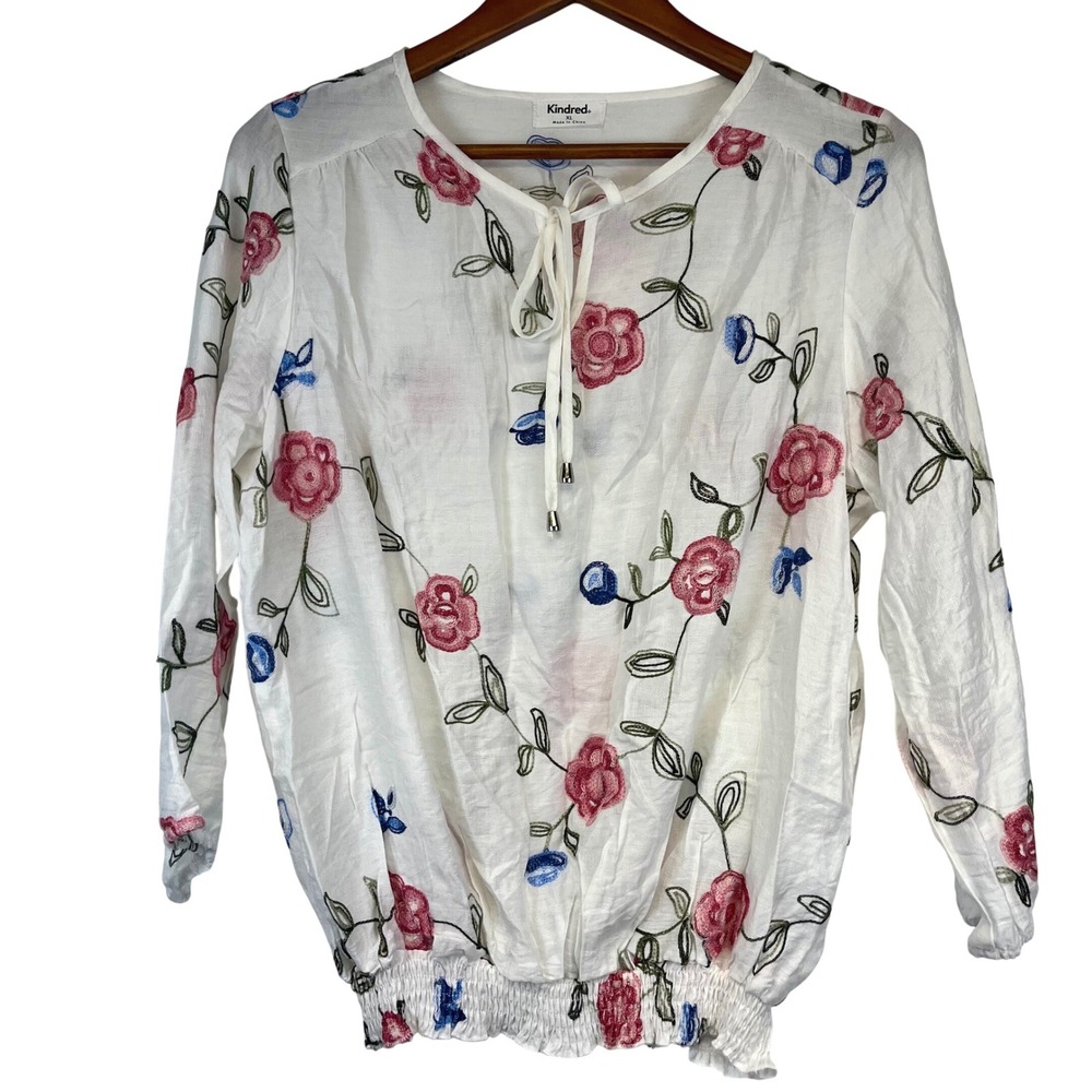 Kindred Cottagecore Boho Floral Embroidered Smocked Hem Peasant Top XL Garden